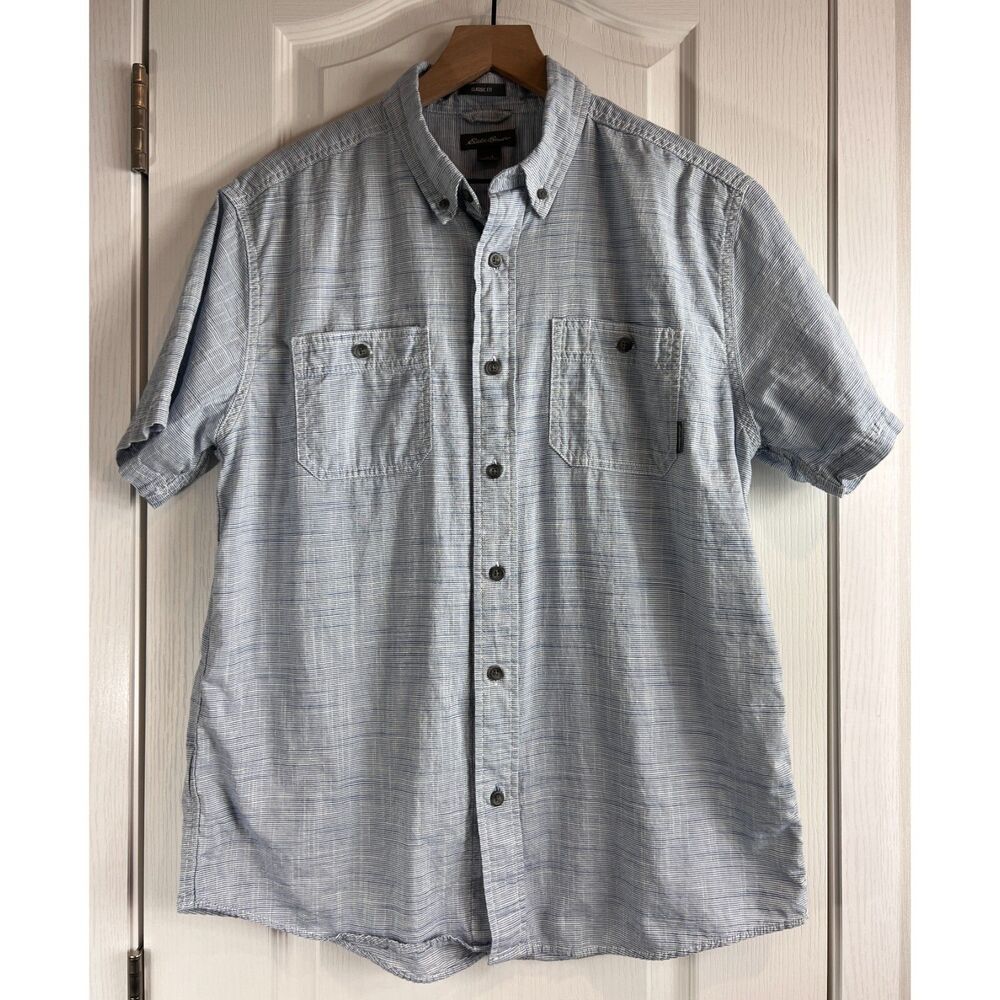 Eddie Bauer Men's Classic Fit Short Sleeve Button Down Shirt Blue White Size L